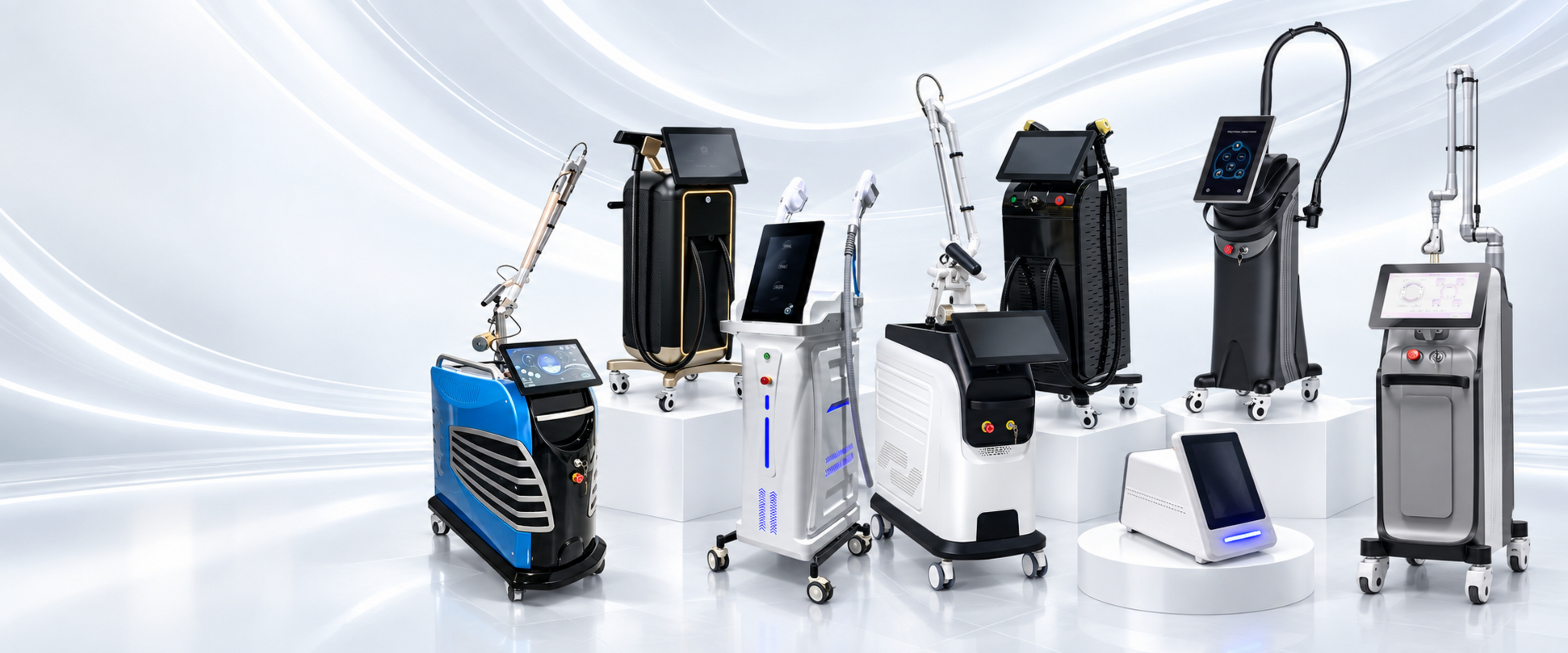 A second collection of professional aesthetic devices on a cool blue studio stage